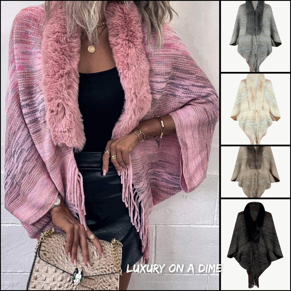 Faux Fur Retro Fringe Hem Open Front Shrug Colorful Knit Bolero Cardigan Top